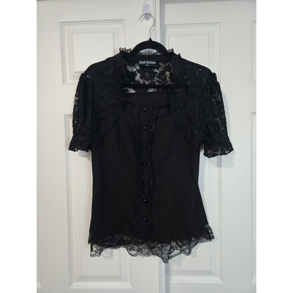 Scarlet Darkness Black Lace Victorian Gothic Blouse Short Sleeve XL